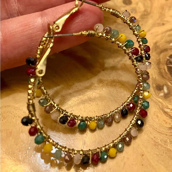 Ladies hoop earrings, gold with colorful shiny beads all around the hoops. - Picture 4 of 11
